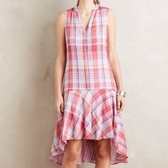 𝅺Anthropologie Pippa Swing Dress Plaid Cotton sleeveless High low summer small - Picture 2 of 8